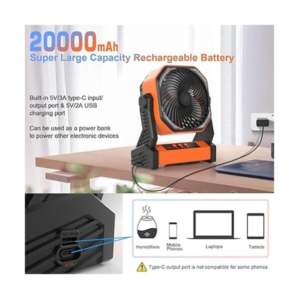 Ventilador de camping con linterna LED 20000 mAh de