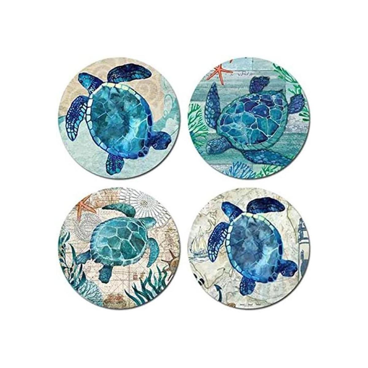 Juego de 4 posavasos redondos de tortuga marina dibujados