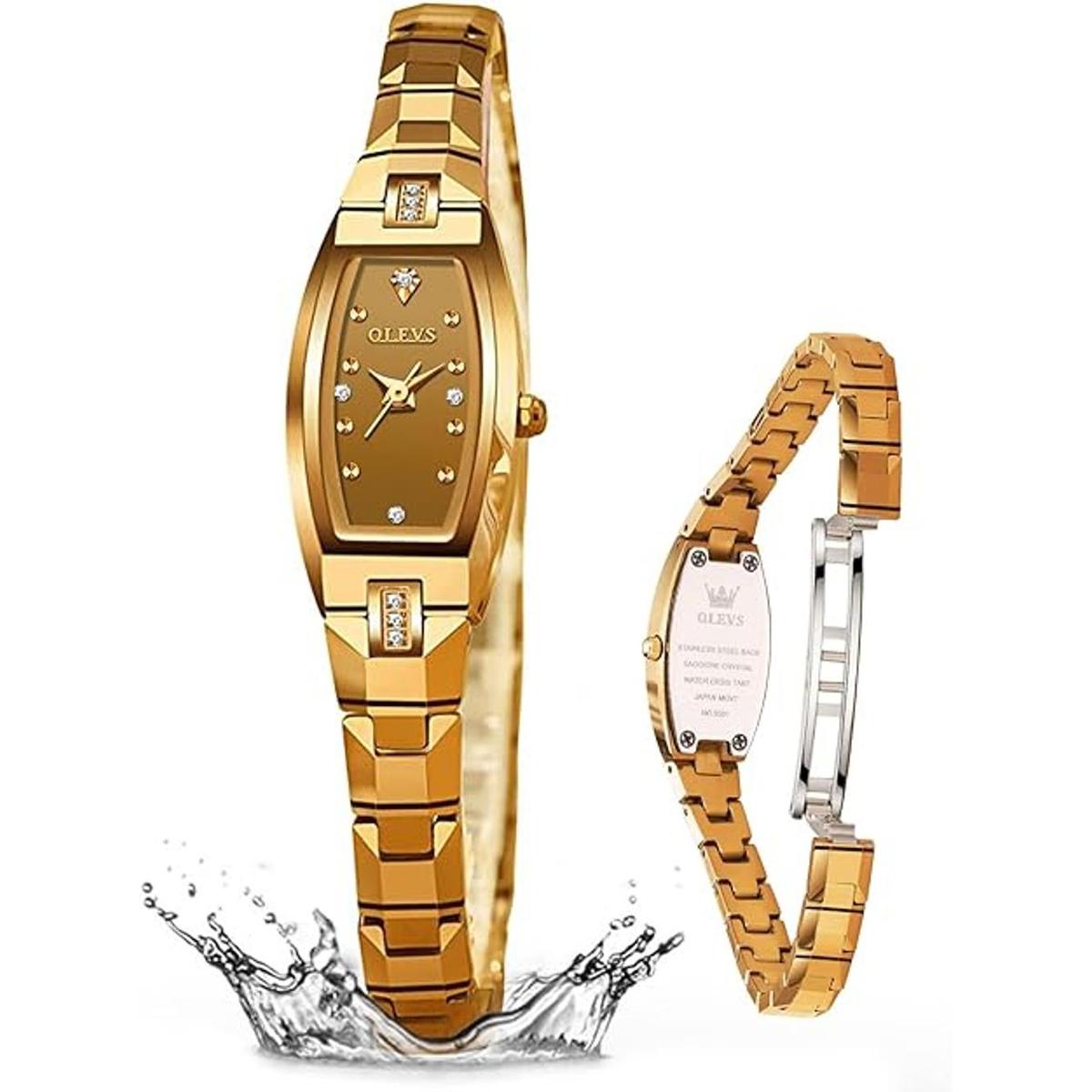 OLEVS Reloj de mujer con cara pequeña dorada y correa de