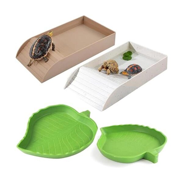 3 platos de comida de tortuga con rampa y plataforma para