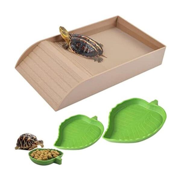 3 platos de comida de tortuga con rampa y plataforma para