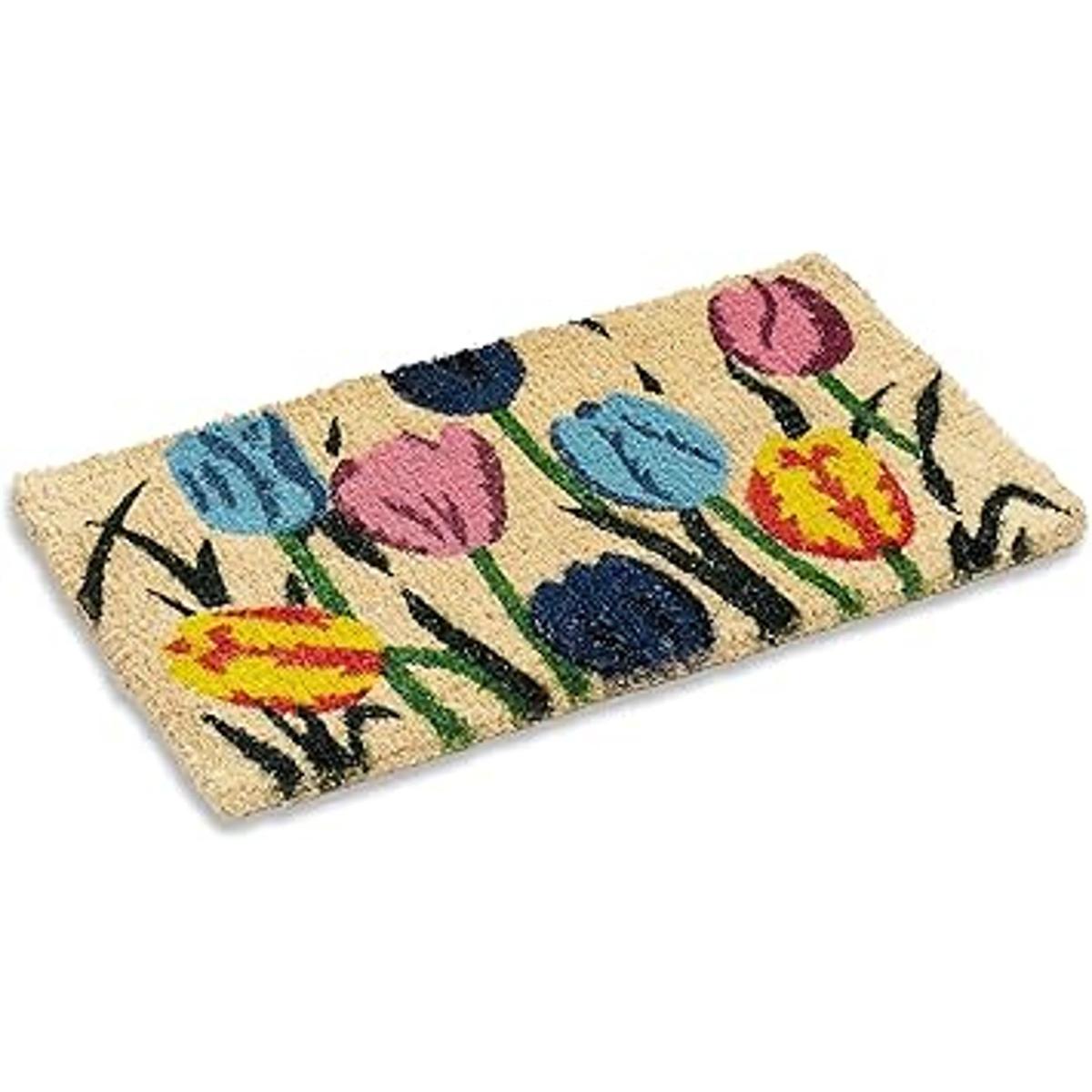Alfombra de fibra de coco tejida con diseño de tulipanes