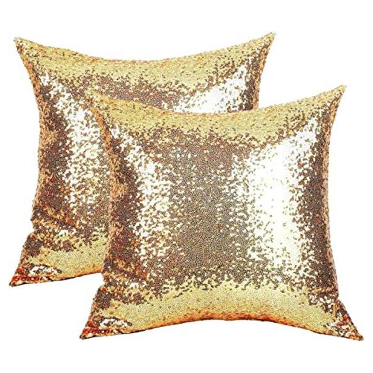 Juego de 2 almohadas decorativas de lentejuelas doradas