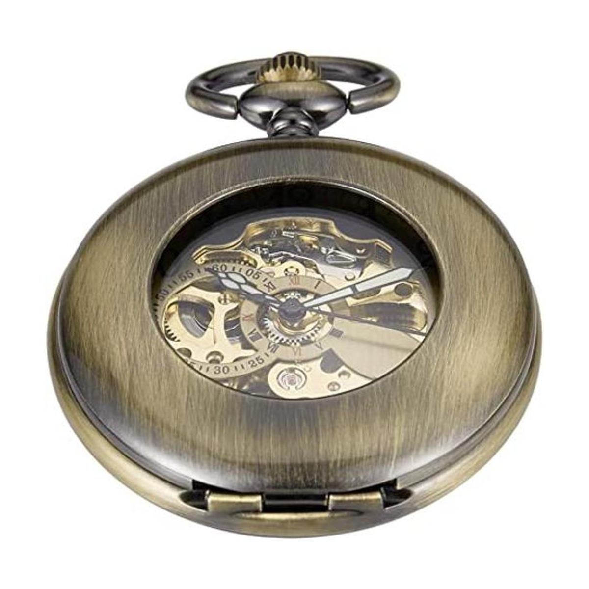 Reloj de bolsillo mecánico de esqueleto negro y bronce