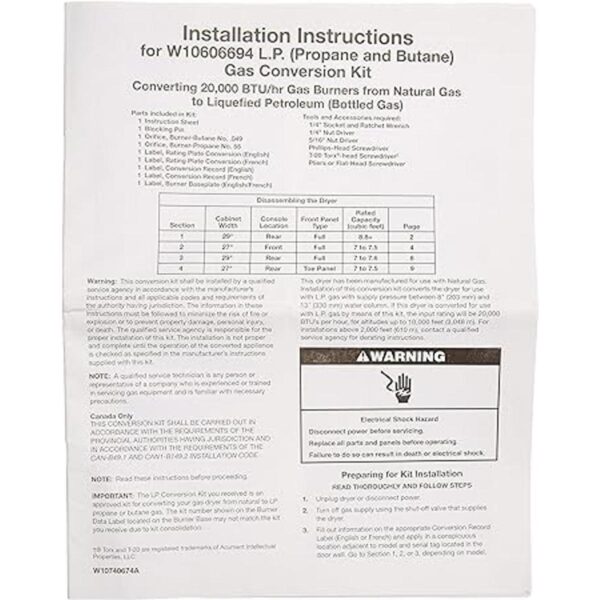 Whirlpool W10606694A LP Kit de conversión de gas_5