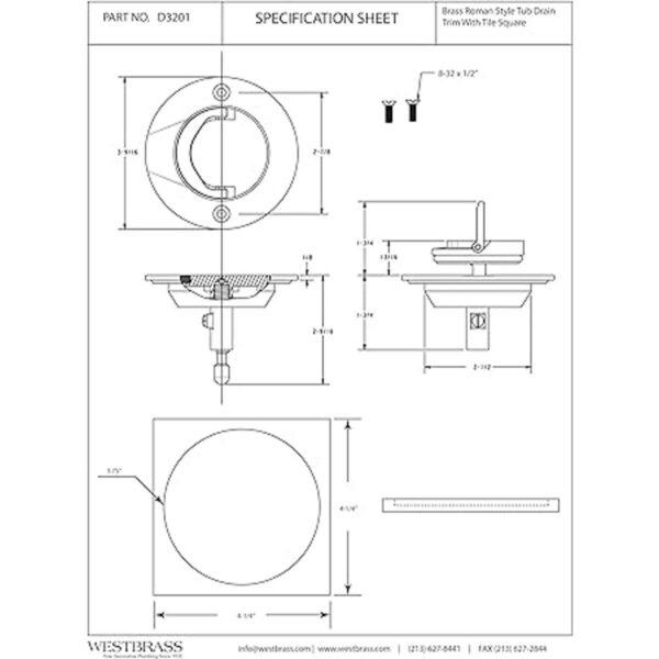 Westbrass D3201 Romano Tub Drain con D315 Tile cuadrado_2