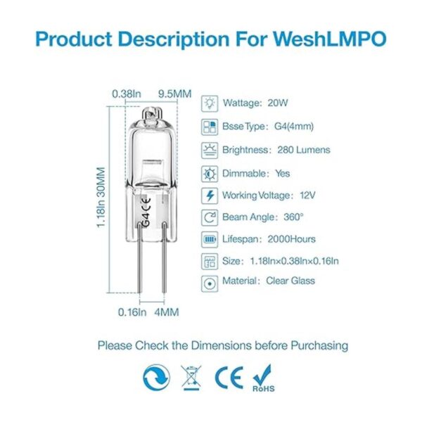 WeshLMPO Bombilla G4 bombillas halógenas de 12 V 20 W 2_4