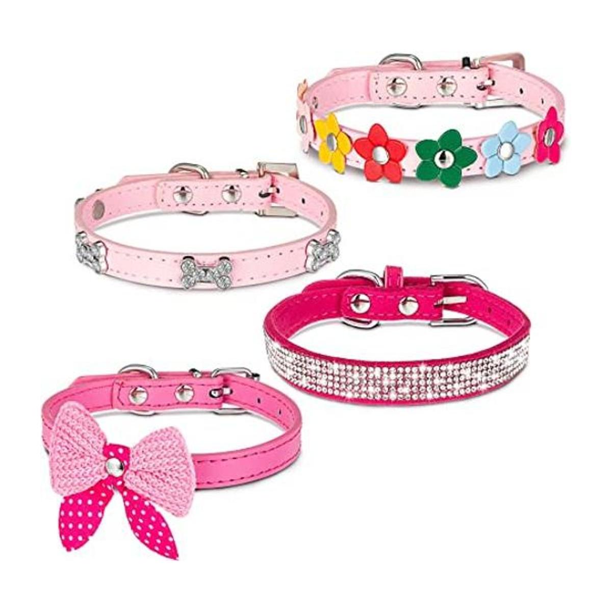 4 collares de perro rosados con tachuelas y perlas de
