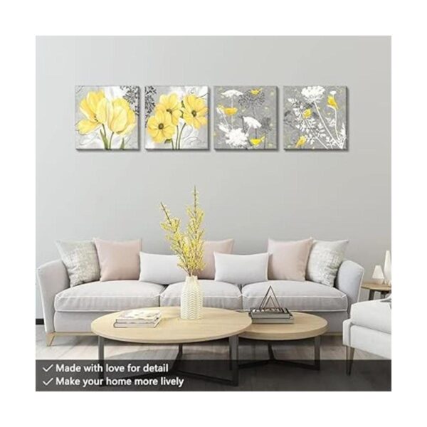 Arte de pared de pájaros de flores grises amarillas y