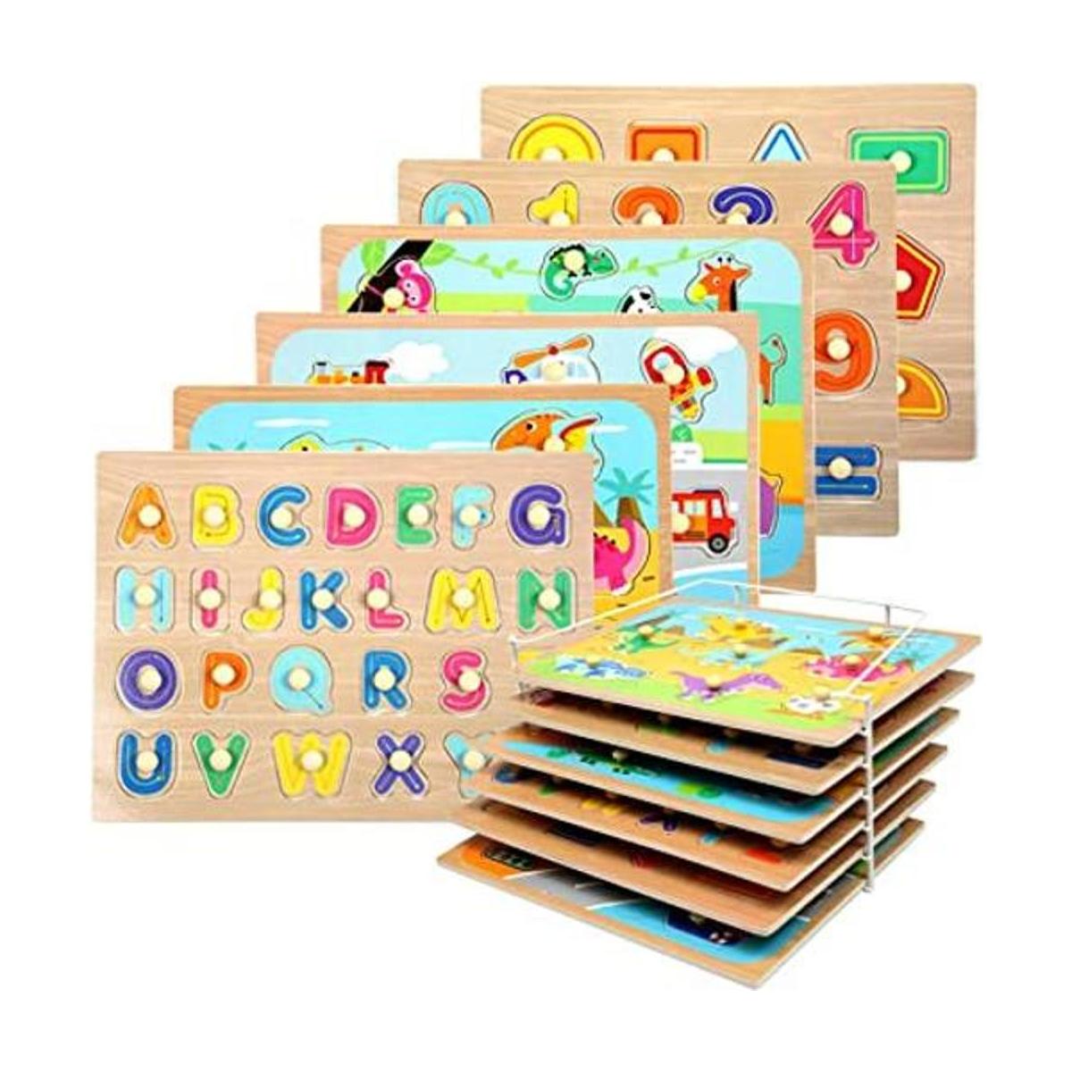 WOOD CITY Juego de rompecabezas y estantes para niños
