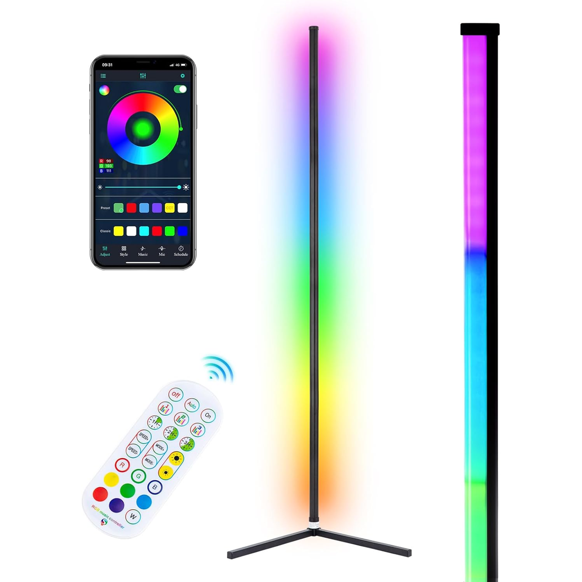 Lámpara de pie de esquina RGB aplicación Bluetooth y