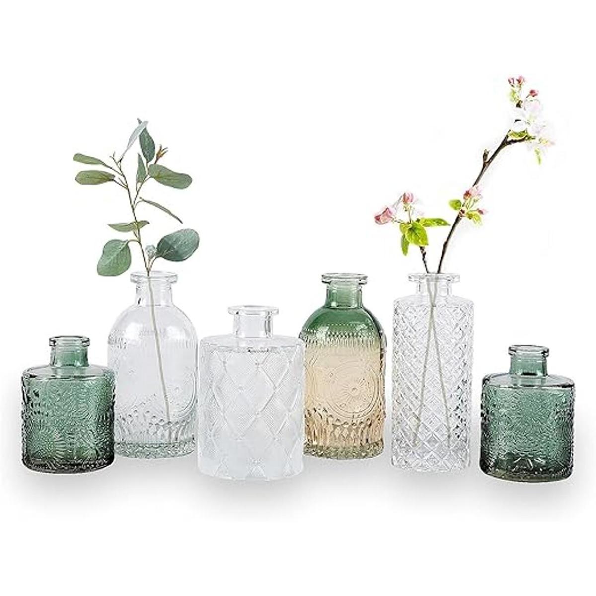 WILDMOS Juego de 6 jarrones de cristal pequeños floreros