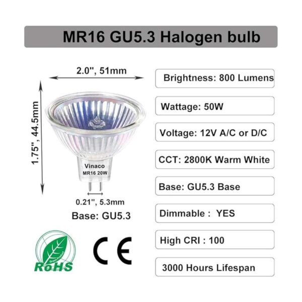 Vinaco MR16 Bombilla halógena de 50 W 3 bombillas_5