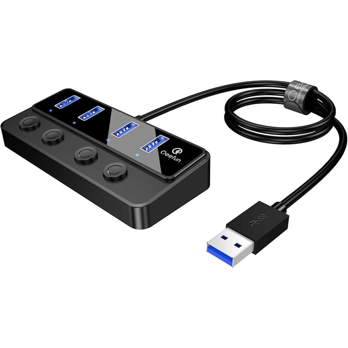 Qeefun Hub USB 3.0 de 4 puertos con cable extendido de 2