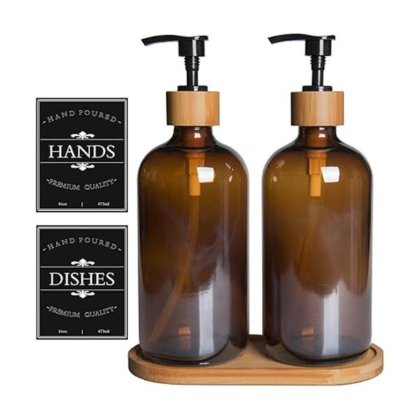 Amber Glass Soap Dispenser Set for Kitchen Thick 16oz