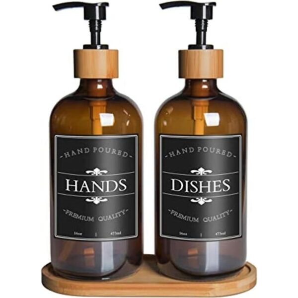 Amber Glass Soap Dispenser Set for Kitchen Thick 16oz