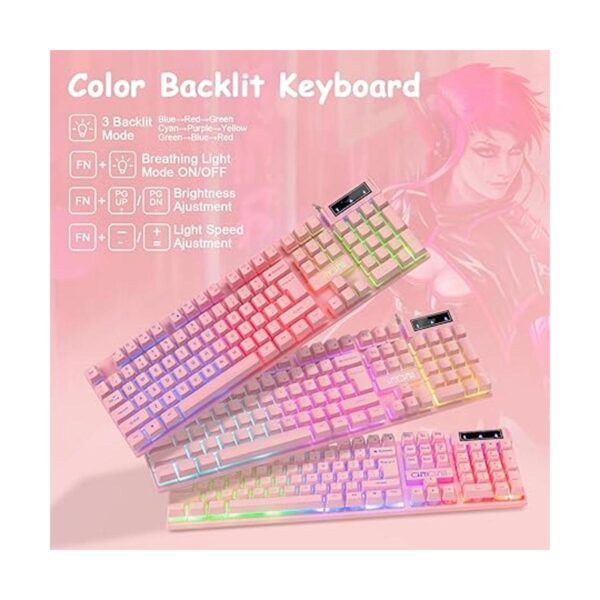 Pink Gaming Keyboard and Mouse Combo Light up Membrane