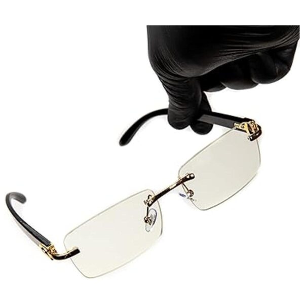 Mens Rimless Gold Frame Black Woodgrain Vintage Clear_2