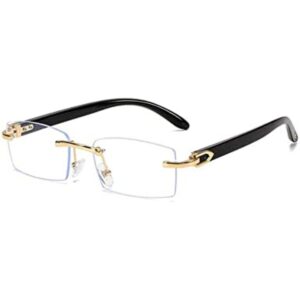 Mens Rimless Gold Frame Black Woodgrain Vintage Clear_1