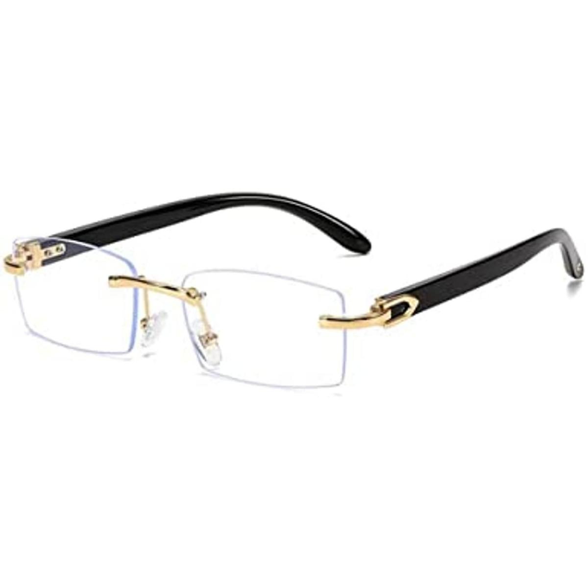 Mens Rimless Gold Frame Black Woodgrain Vintage Clear