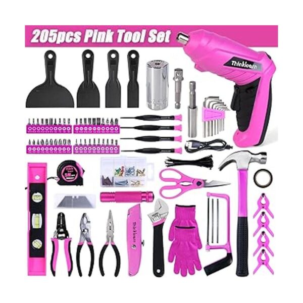 Pink Tool Set 205 Piece Home Tool Kit with 3.6V Electric_2