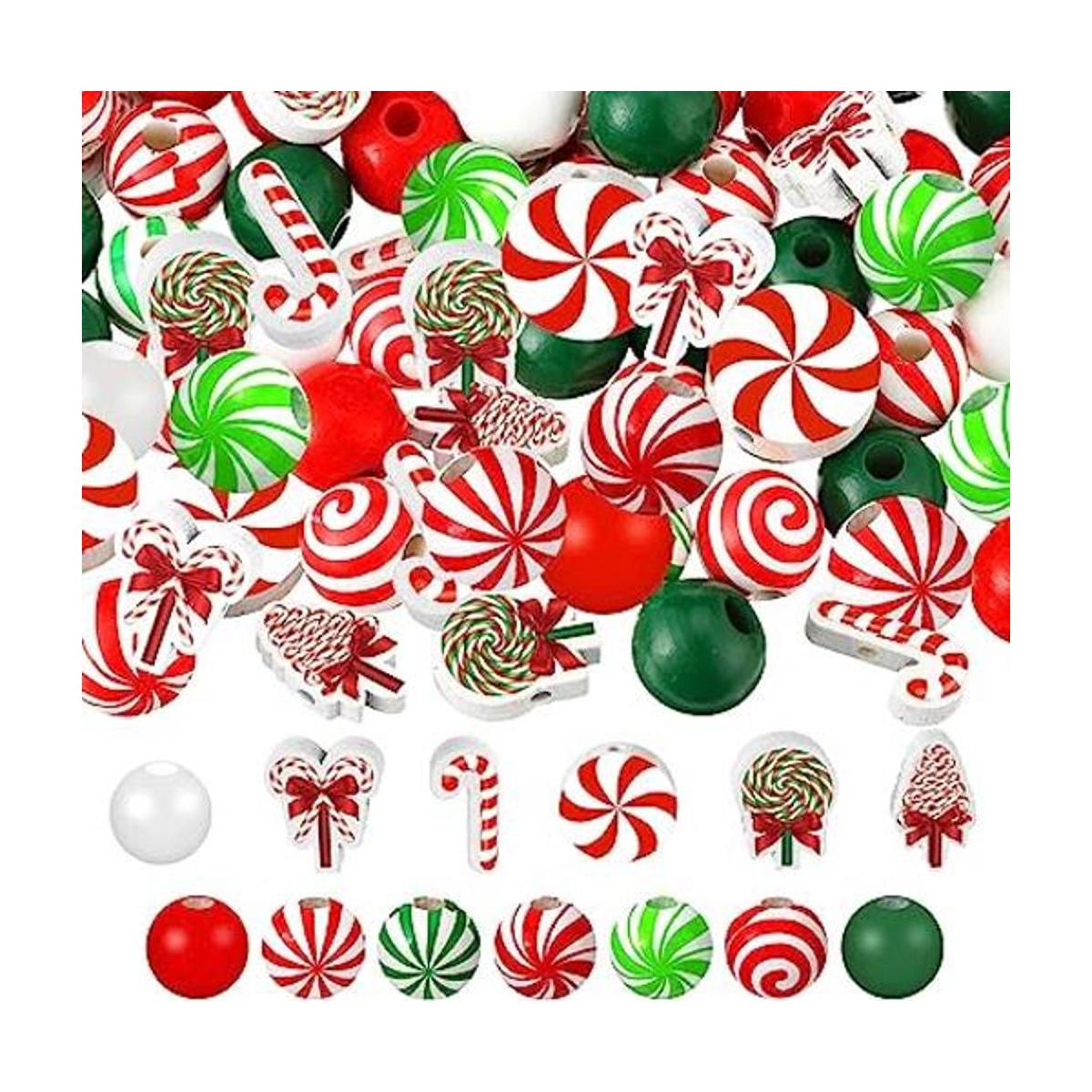 200 Pcs Christmas Wooden Beads Candy Cane Wood Beads Xmas