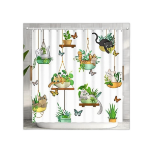 Cortina de ducha para gatos con plantas colgantes en