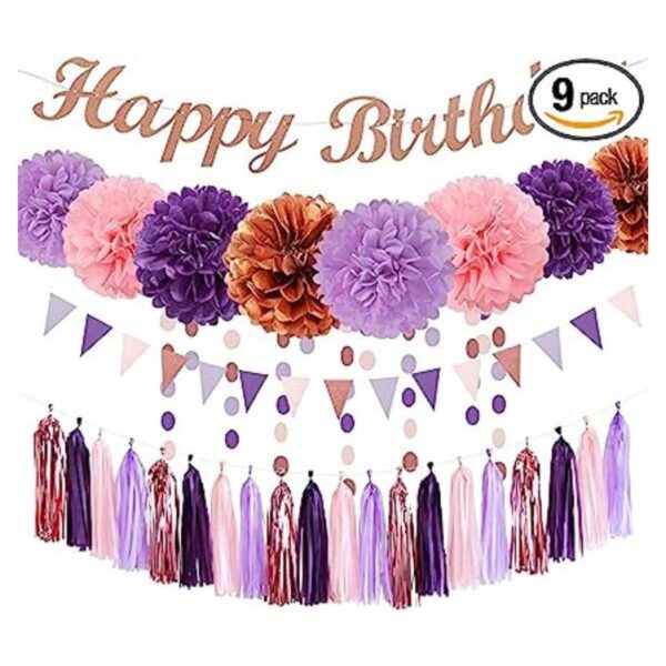 Decoraciones de fiesta de cumpleaños color rosa y morado