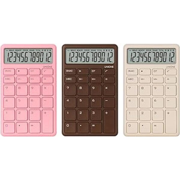 UNIONE Calculadora beige de bolsillo y escritorio con una