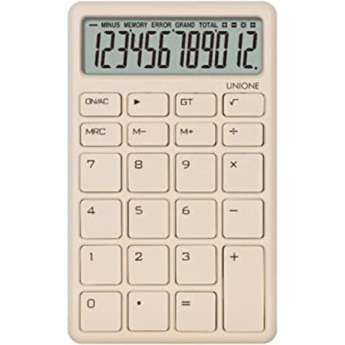 UNIONE Calculadora beige de bolsillo y escritorio con una