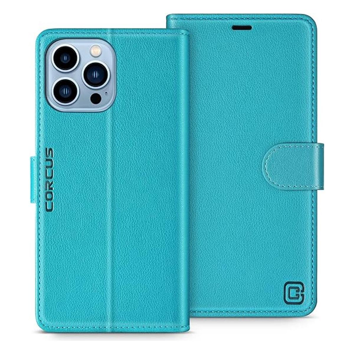 CORCUS Funda para iPhone 14 Pro con tarjetero y bloqueo