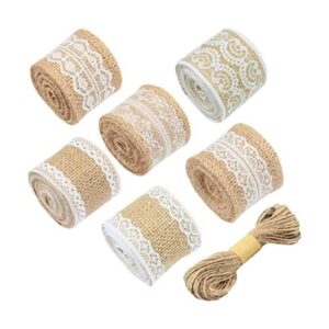 6 rollos de cinta de arpillera natural con encaje blanco y_1