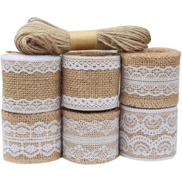 6 rollos de cinta de arpillera natural con encaje blanco y_2