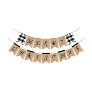 SWYOUN Burlap Merry Christmas Banner Buffalo Check Plaid_1