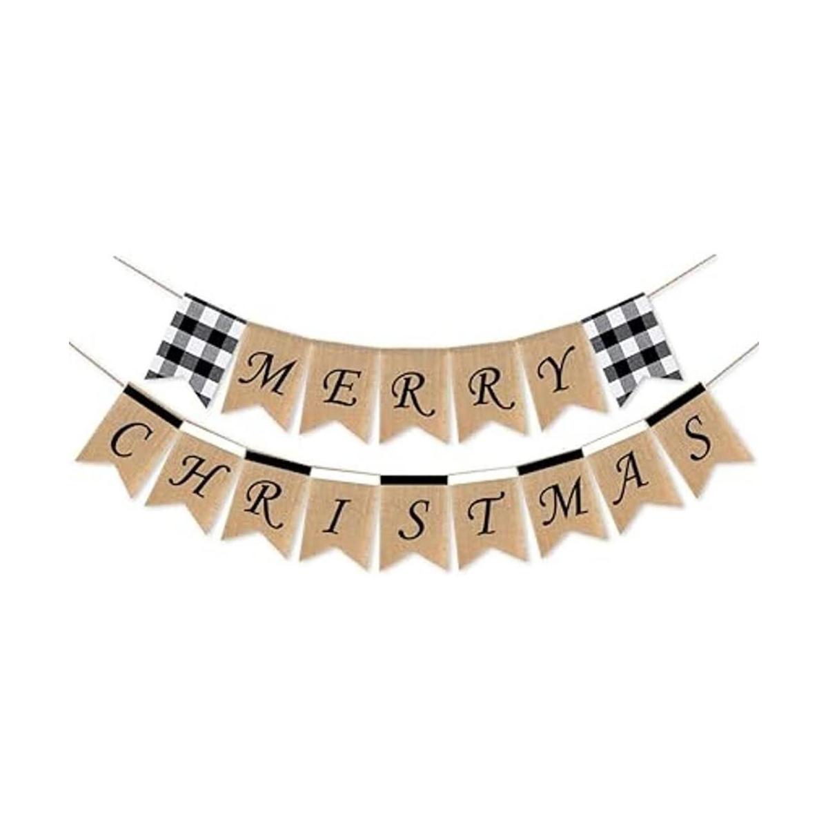 SWYOUN Burlap Merry Christmas Banner Buffalo Check Plaid