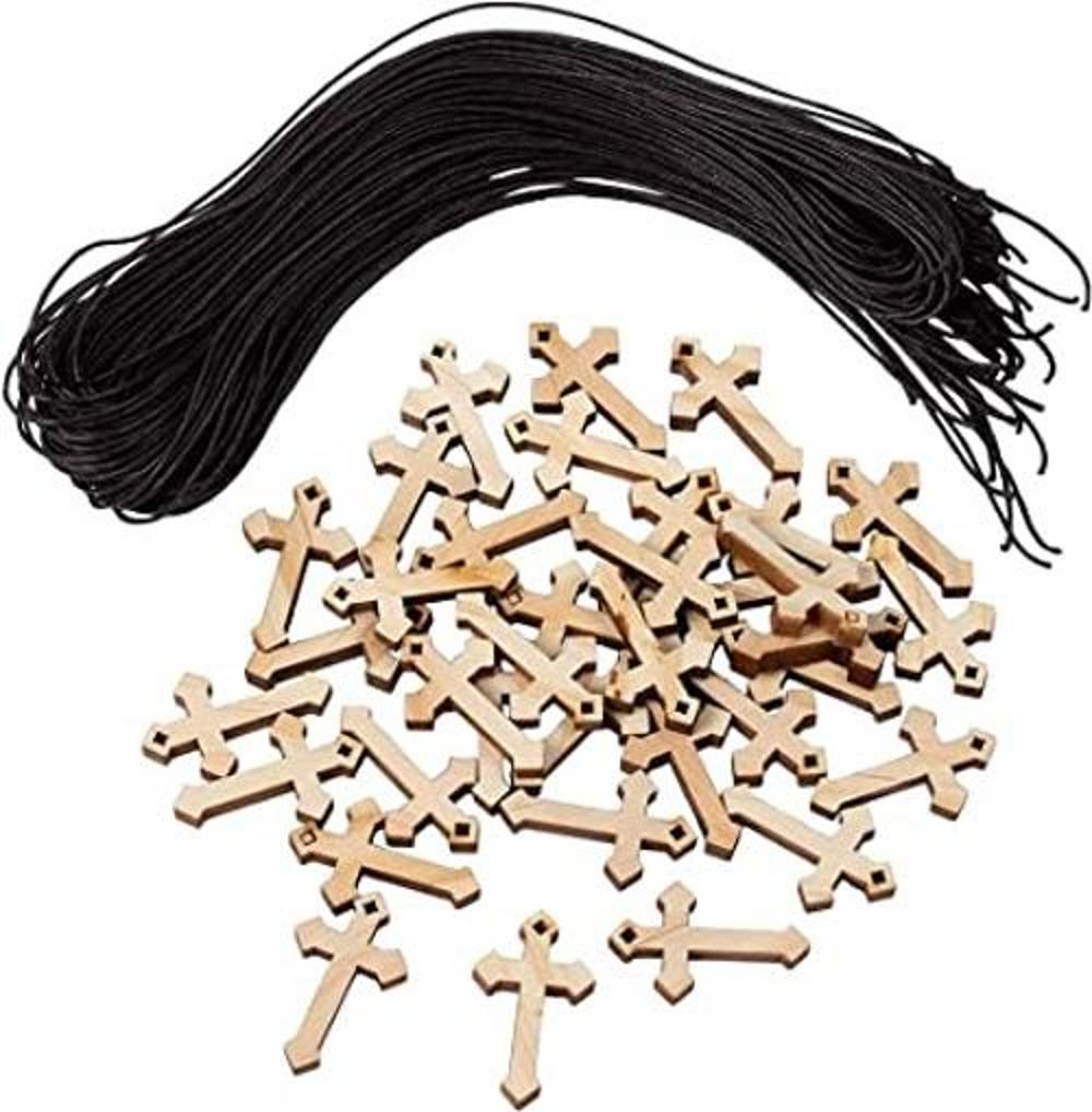 36 collares de cruz de madera color madera natural.