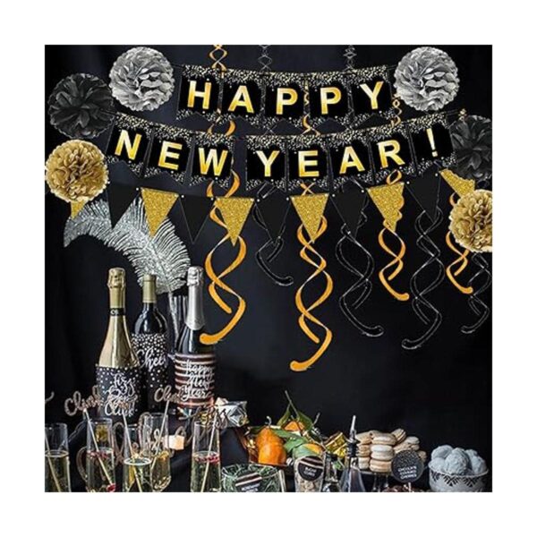 Happy New Year 2022 Bandera negra con banderines de papel