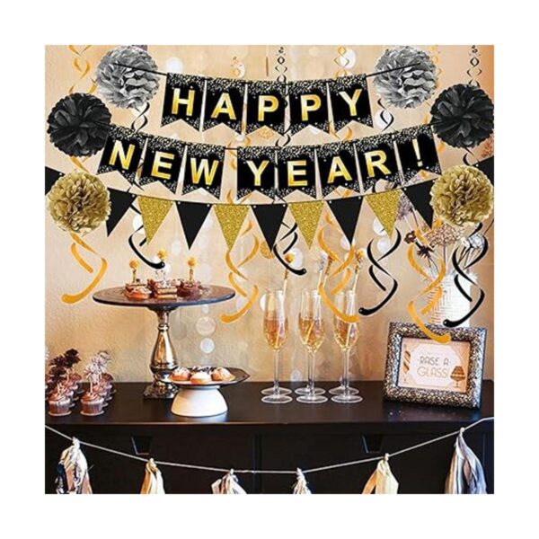 Happy New Year 2022 Bandera negra con banderines de papel