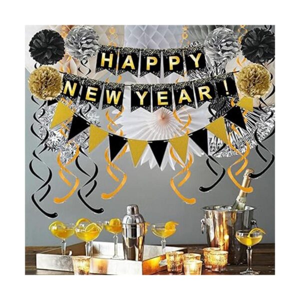 Happy New Year 2022 Bandera negra con banderines de papel
