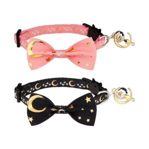 2 collares de gato con pajarita y campana luna dorada