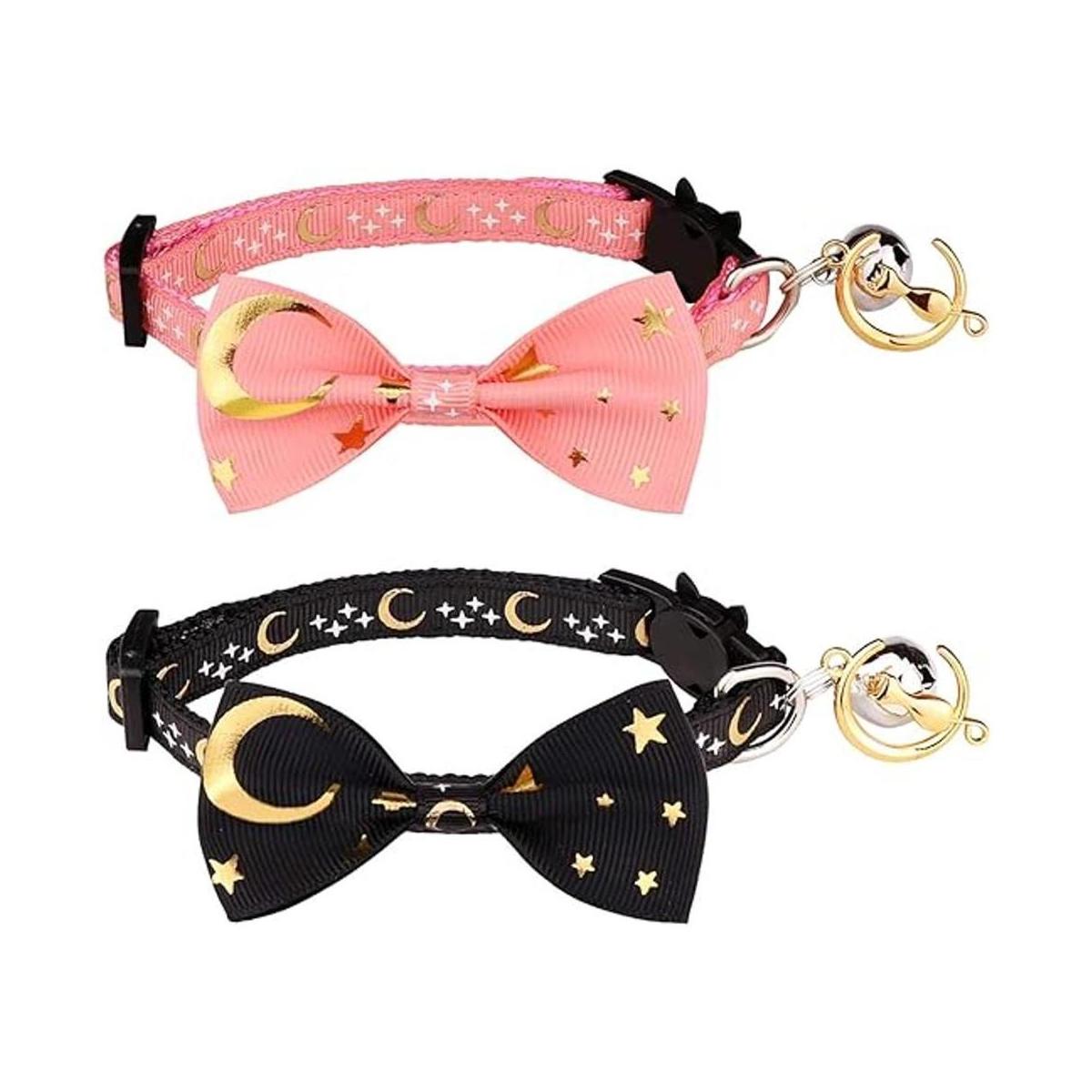2 collares de gato con pajarita y campana luna dorada