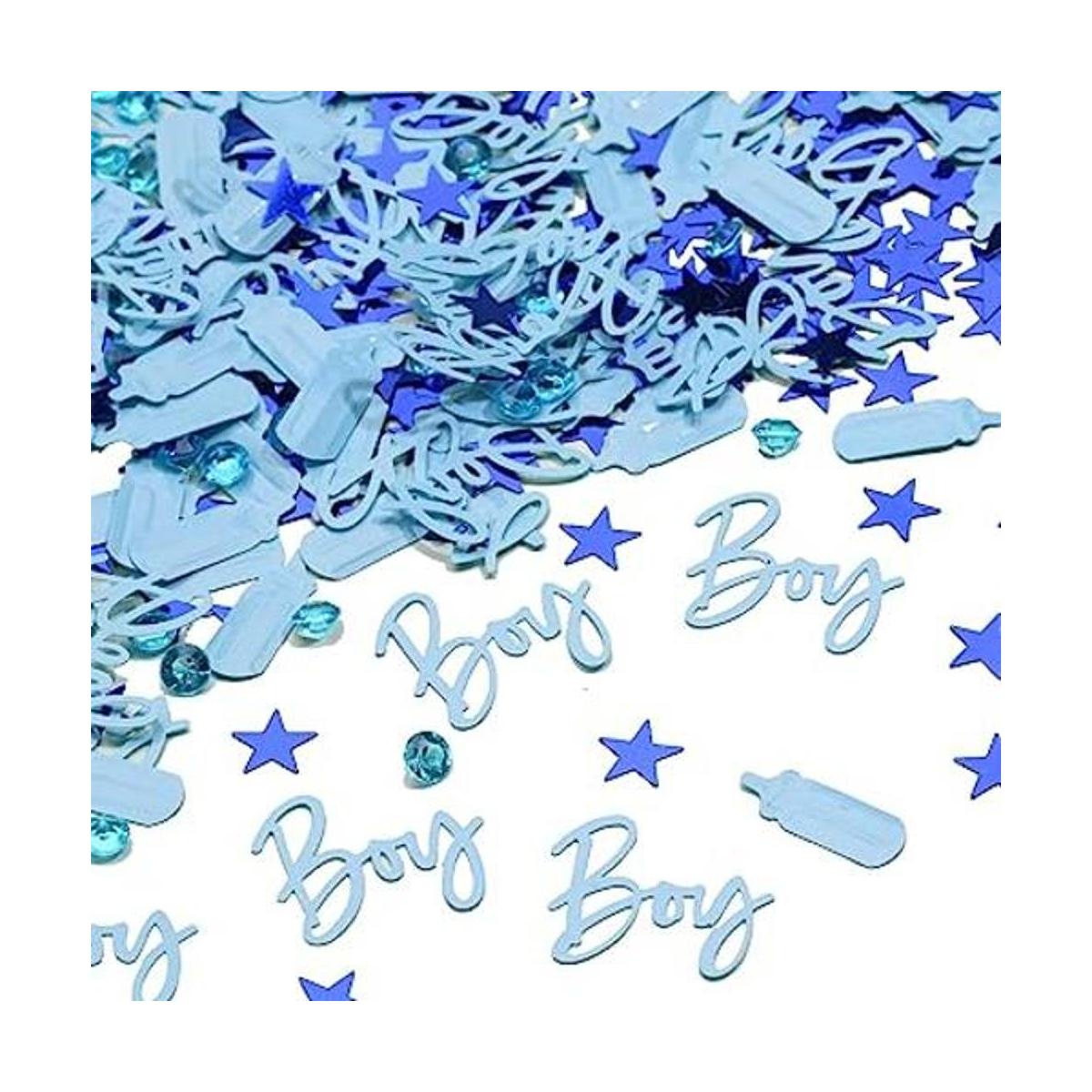 Decoraciones de baby shower con confeti azul bebé niño