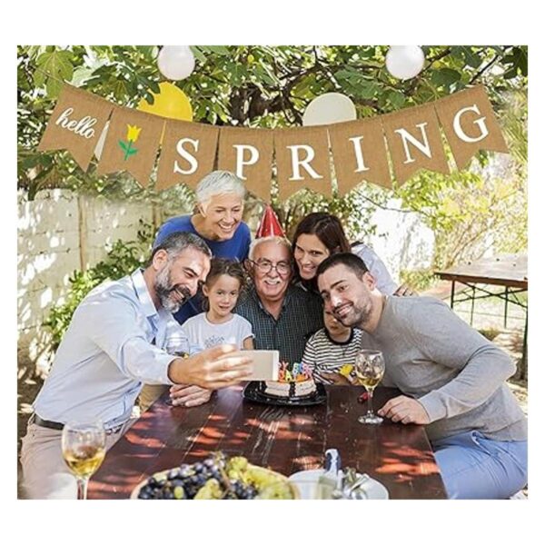 Hello Spring Banner Guirnalda de arpillera con flores