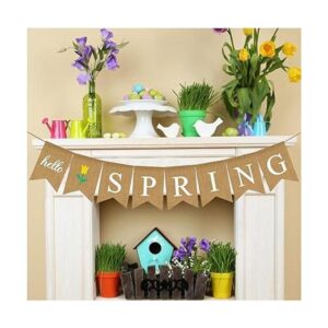 Hello Spring Banner Guirnalda de arpillera con flores