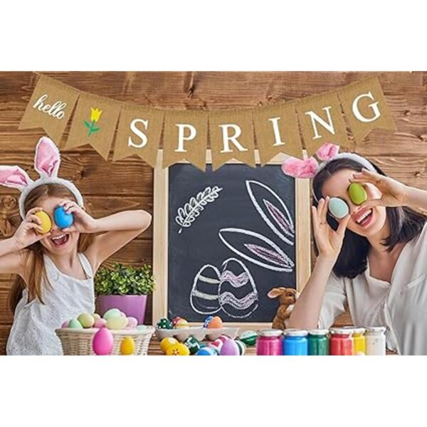 Hello Spring Banner Guirnalda de arpillera con flores