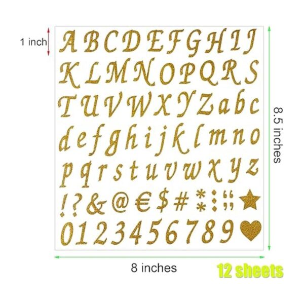 12 hojas de calcomanías de letras con purpurina