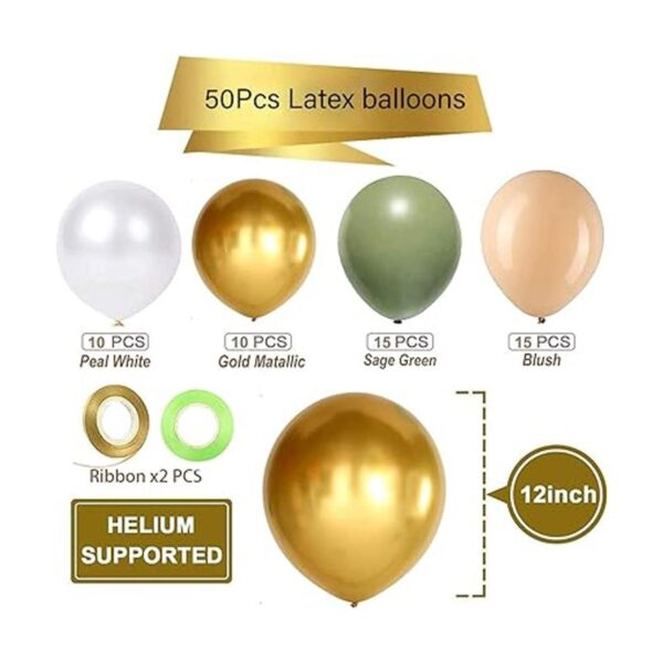 Globos de látex color verde salvia dorado y blanco 50