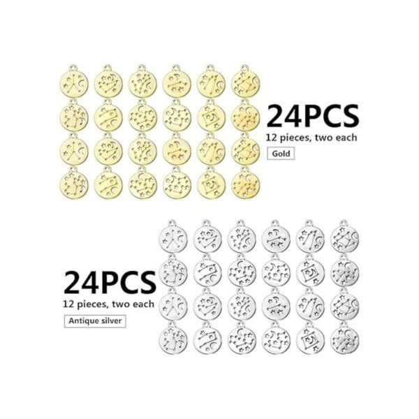 48pcs zodíaco redondo encantos de metal doble cara