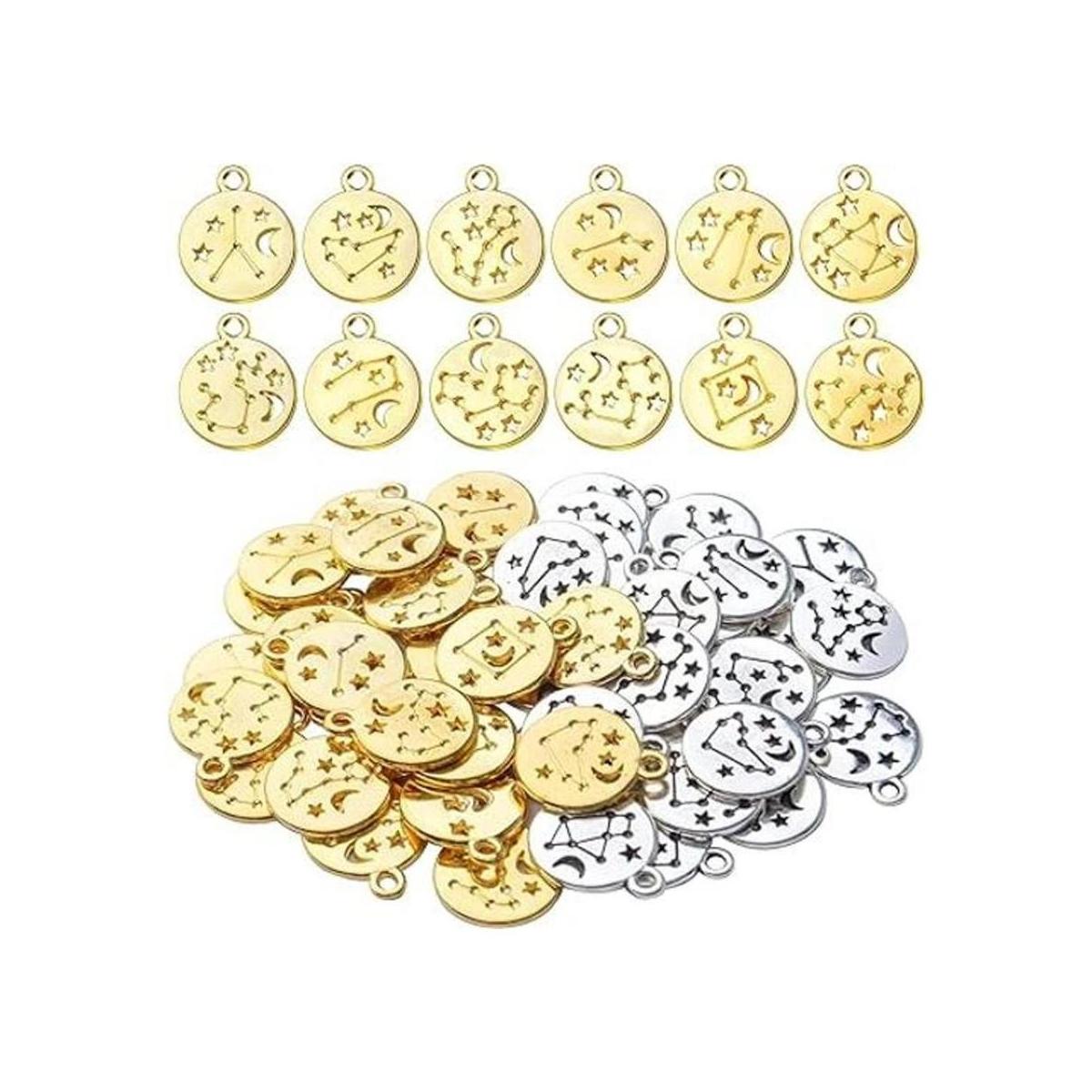 48pcs zodíaco redondo encantos de metal doble cara