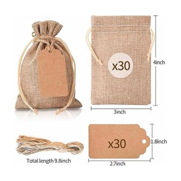 30 bolsas de regalo de arpillera y 30 etiquetas de regalo